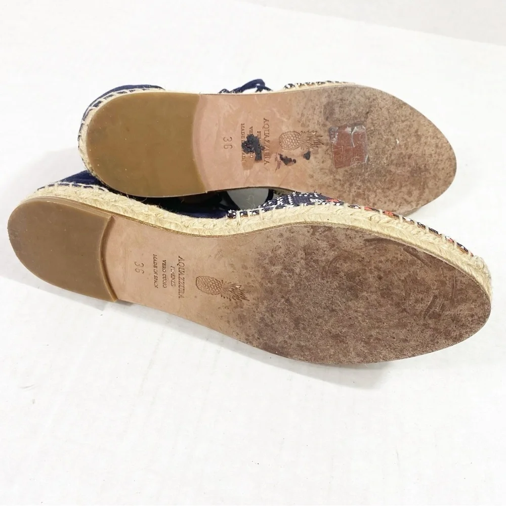 AQUAZZURA Belgravia Blue Suede Pom Pom Raffia Embroidered Woven Espadrilles